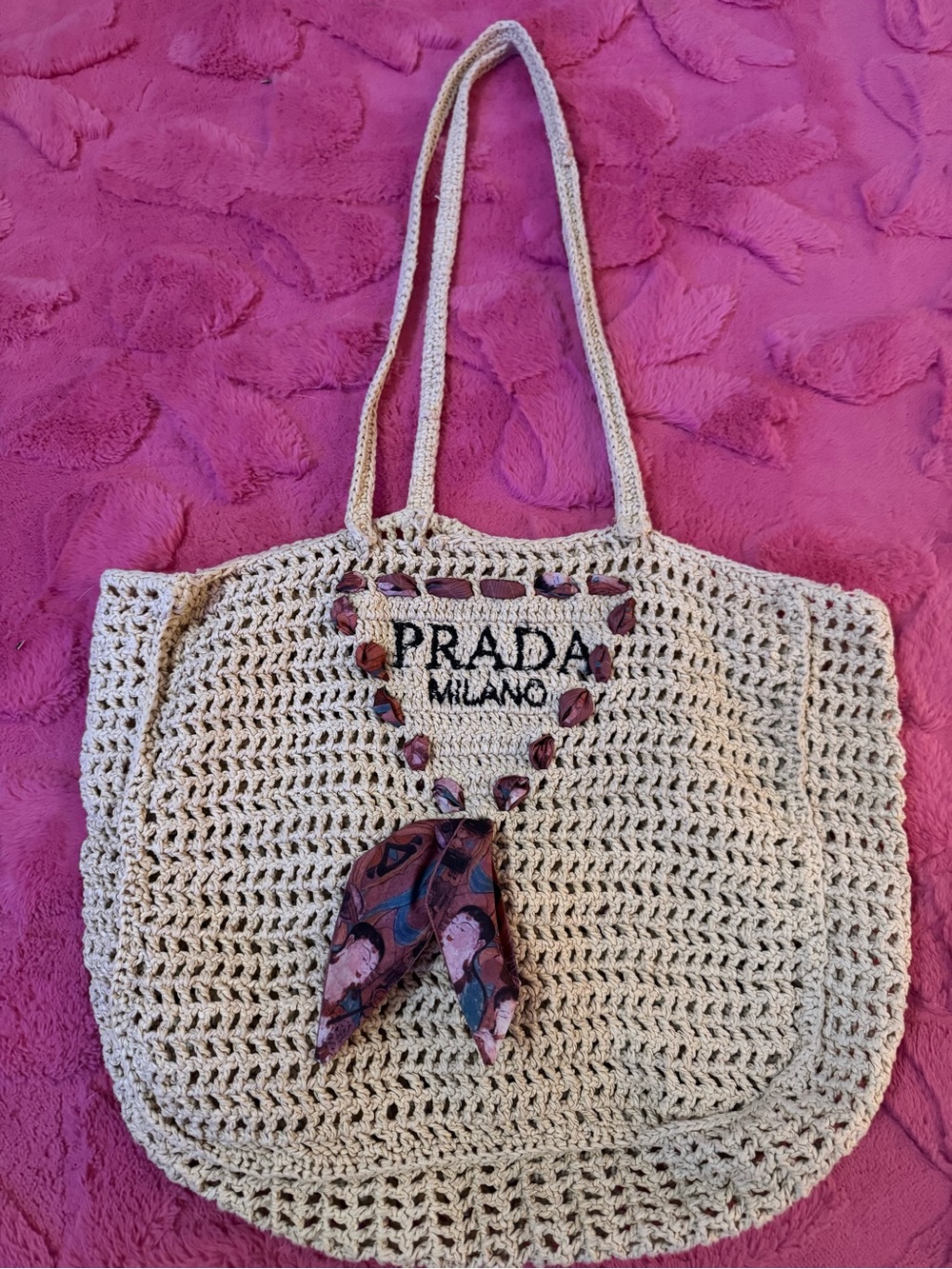 Prada Beige Crochet Tote with Scarf and Bead Detail